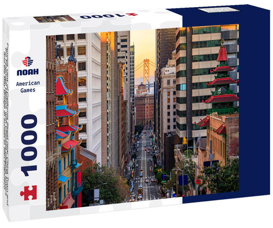 Noah Jigsaw Puzzle Famous view of California Street near China Town and the Financial District, with Chinese pagoda towers and the Bay Bridge at sunset in San Francisco 1000 pieces