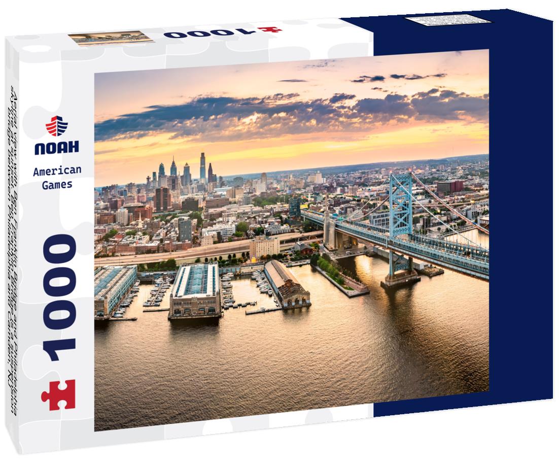 Noah Jigsaw Puzzle Aerial view with Ben Franklin Bridge and Philadelphia skyline at sunset. Ben Franklin Bridge is a suspension bridge between Philadelphia and Camden, NJ 1000 pieces