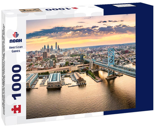 Noah Jigsaw Puzzle Aerial view with Ben Franklin Bridge and Philadelphia skyline at sunset. Ben Franklin Bridge is a suspension bridge between Philadelphia and Camden, NJ 1000 pieces