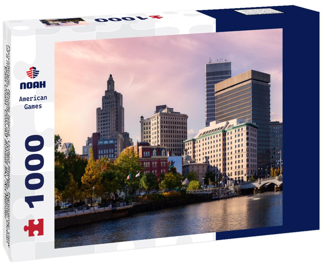 Noah Jigsaw Puzzle Providence, Rhode Island, United States. Panoramic view of a modern downtown city skyline on the Atlantic Ocean East Coast. Colorful Sunset Sky Art Render 1000 pieces
