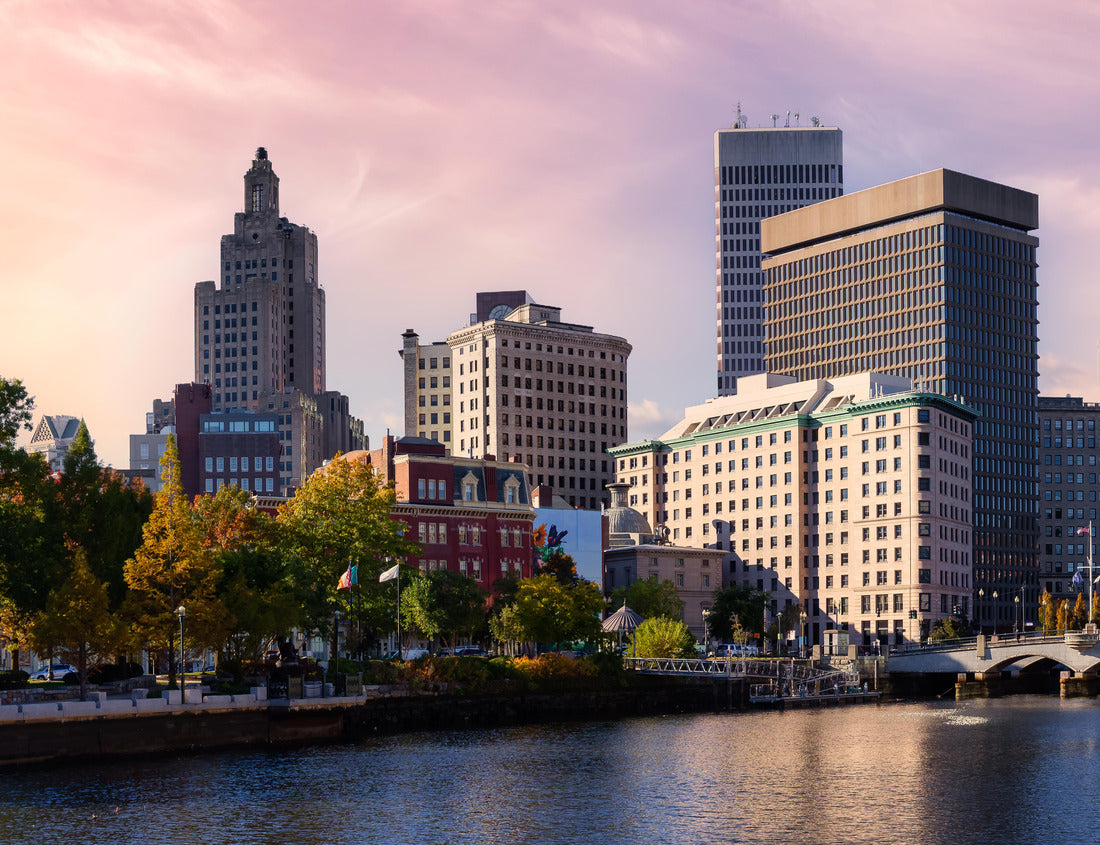 Noah Jigsaw Puzzle Providence, Rhode Island, United States. Panoramic view of a modern downtown city skyline on the Atlantic Ocean East Coast. Colorful Sunset Sky Art Render 1000 pieces