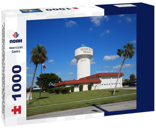 Noah Jigsaw Puzzle Deerfield Beach Water Tower Identifying Sign at Broward Sheriff and Fire Station Framed by Two Palm Trees, a Sidewalk and the Street in a Sunny Day in January 1000 pieces