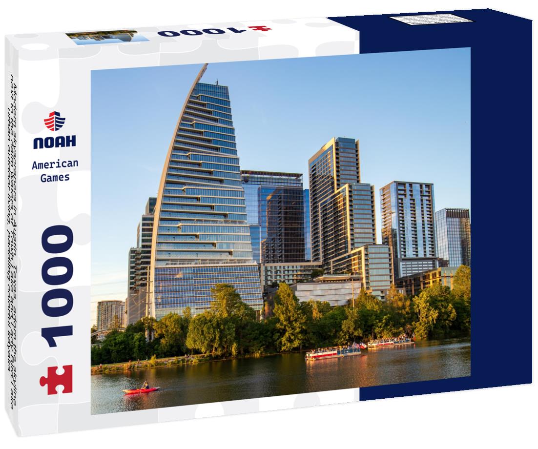 Noah Jigsaw Puzzle Modern skyscrapers in Austin, Texas, adorn the skyline next to the calm waters of Town Lake and Lady Bird Lake, urban outdoor living, paddling colorful kayaks 1000 pieces