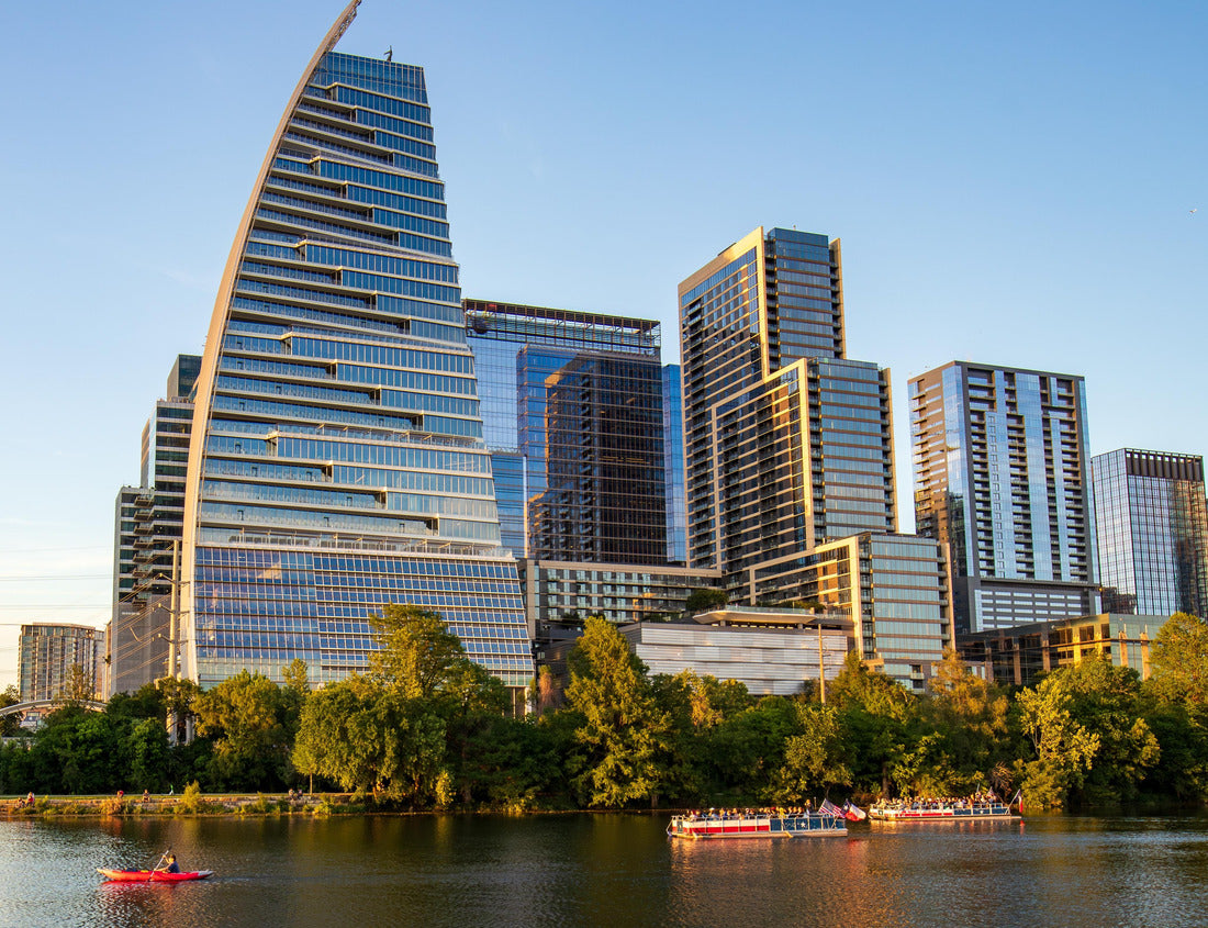 Noah Jigsaw Puzzle Modern skyscrapers in Austin, Texas, adorn the skyline next to the calm waters of Town Lake and Lady Bird Lake, urban outdoor living, paddling colorful kayaks 1000 pieces