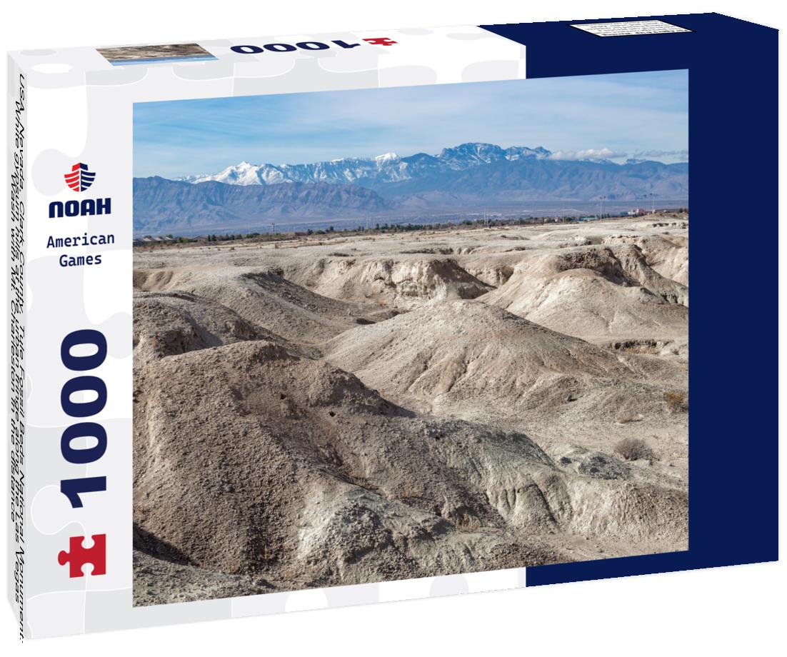 Noah Jigsaw Puzzle USA, Nevada, Clark County, Tule Fossil Beds National Monument: White gypsum hills at the urban fringe along the Las Vegas Wash with Mt. Charleston in the distance 1000 pieces