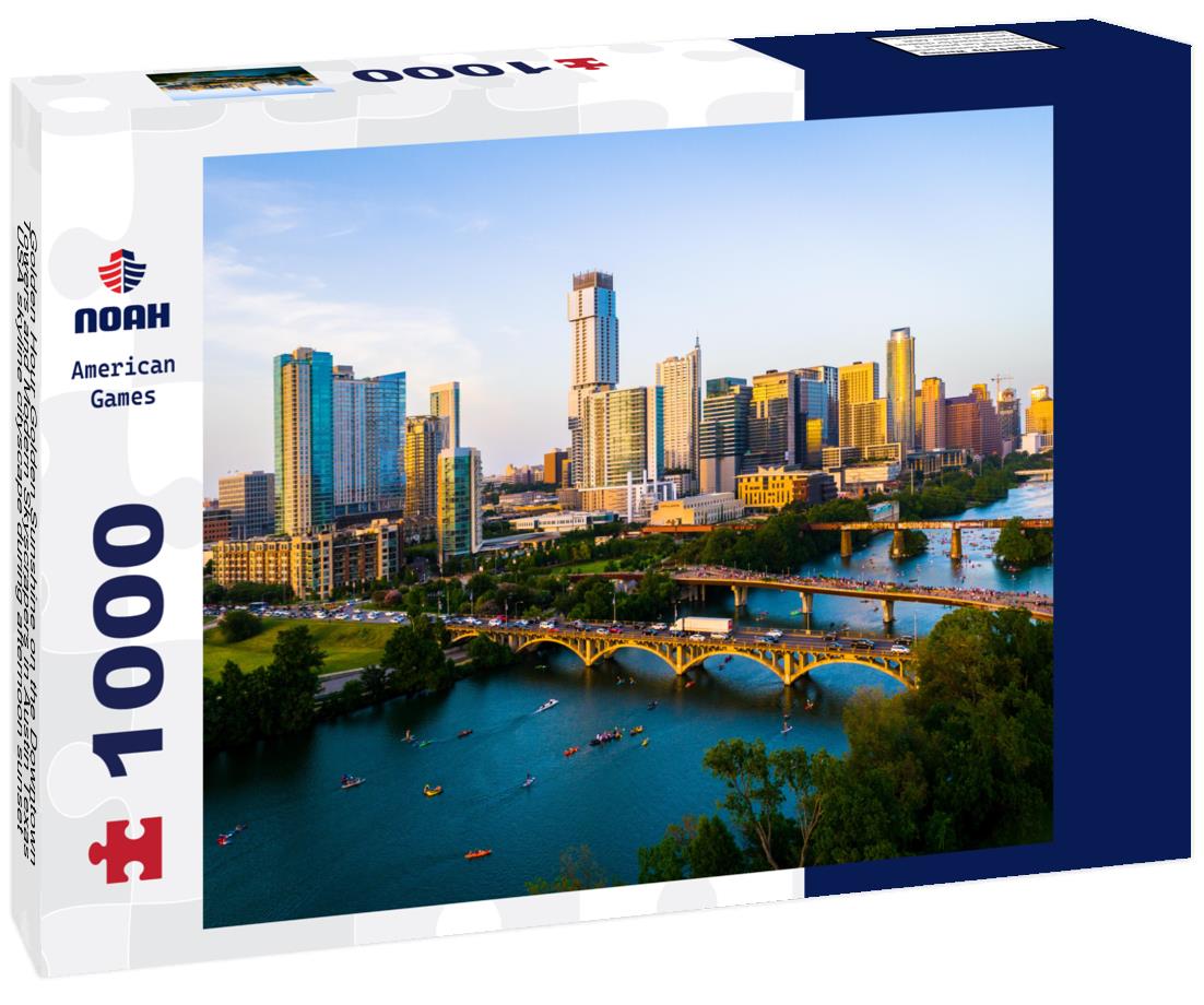 Noah Jigsaw Puzzle Golden Hour Golden Sunshine on the Downtown Towers and Modern Skyscrapers in Austin Texas USA skyline cityscape during afternoon sunset with Town Lake and Bridges 1000 pieces