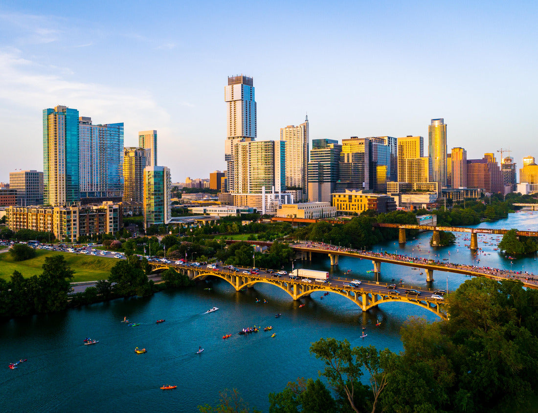 Noah Jigsaw Puzzle Golden Hour Golden Sunshine on the Downtown Towers and Modern Skyscrapers in Austin Texas USA skyline cityscape during afternoon sunset with Town Lake and Bridges 1000 pieces