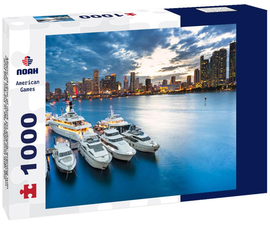 Noah Jigsaw Puzzle Miami skyline at dusk on cloudy evening with dramatic sky showing brickell and downtown and the marina in the foreground with the large impressive yachts and boats 1000 pieces