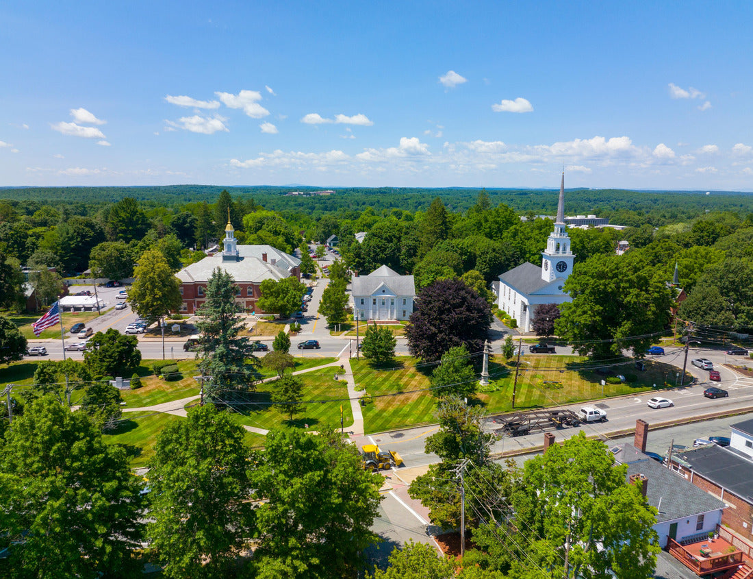 Noah Jigsaw Puzzle Billerica Public Library and First Parish Unitarian Universalist Church aerial view at Billerica Common in historic town center of Billerica, Massachusetts MA, USA 1000 pieces