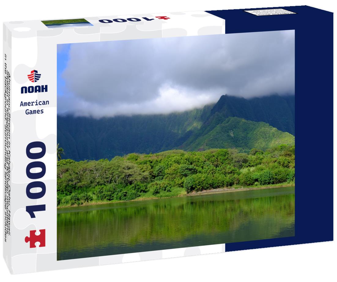 Noah Jigsaw Puzzle Ahuimanu Stream in Kahaluu, Oahu, Hawaii. Stream in foreground and Ko'olau mountains in the background. Surrounding landscape includes palm trees and tropical forest 1000 pieces
