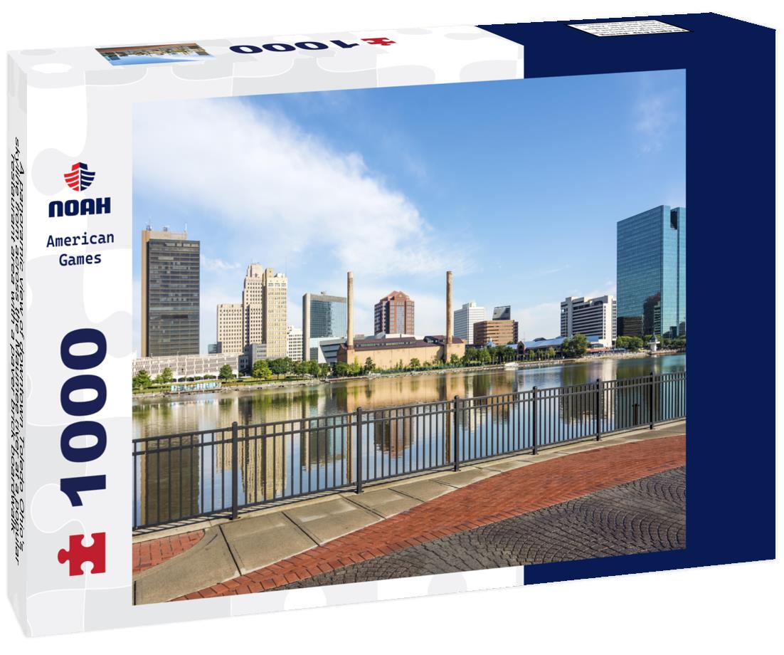Noah Jigsaw Puzzle A panoramic view of downtown Toledo Ohio's skyline from across the Maumee river at a popular restaurant area with a paver brick boardwalk and a decorative iron railing 1000 pieces