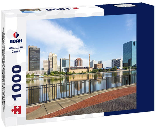 Noah Jigsaw Puzzle A panoramic view of downtown Toledo Ohio's skyline from across the Maumee river at a popular restaurant area with a paver brick boardwalk and a decorative iron railing 1000 pieces