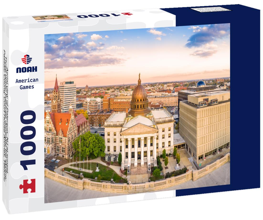 Noah Jigsaw Puzzle Aerial view of Paterson, NJ at sunset. Three public buildings dominate the skyline: Passaic County Court House Annnex, Historic Court and Passaic County Superior Court 1000 pieces