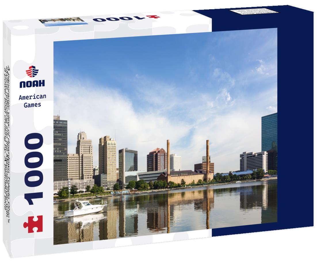 Noah Jigsaw Puzzle A panoramic view of downtown Toledo Ohio's skyline reflecting into the Maumee river with a power boat cruising by. A beautiful blue sky with white clouds for a backdrop 1000 pieces
