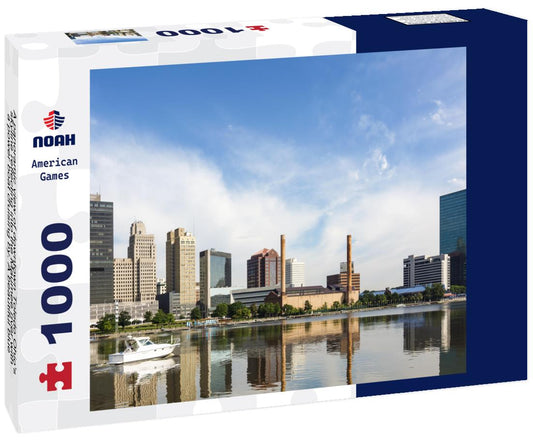 Noah Jigsaw Puzzle A panoramic view of downtown Toledo Ohio's skyline reflecting into the Maumee river with a power boat cruising by. A beautiful blue sky with white clouds for a backdrop 1000 pieces