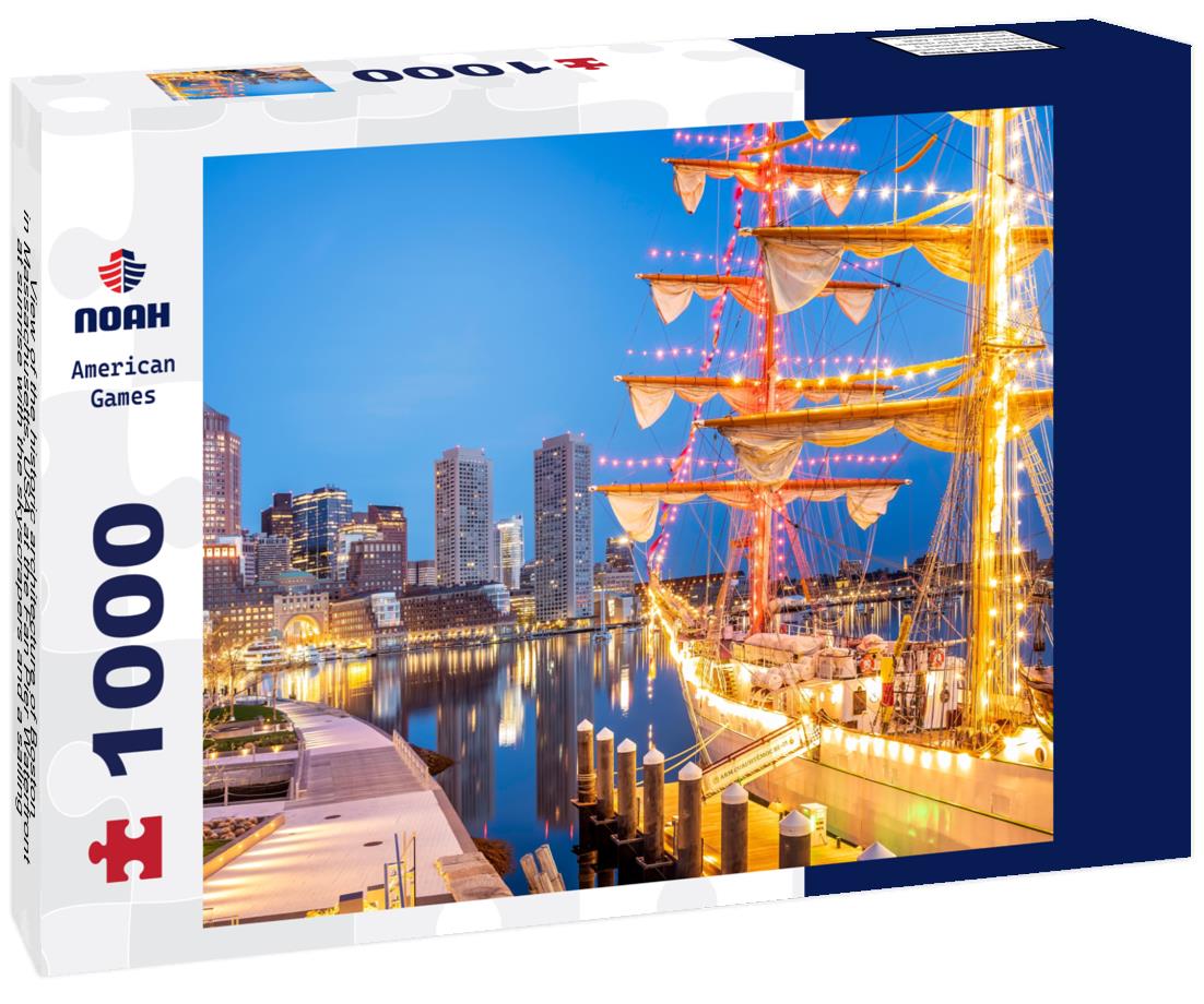 Noah Jigsaw Puzzle View of the historic architecture of Boston in Massachusetts, USA at the Fan Pier Waterfront at sunrise with the skyscrapers and a sailing boat anchored on the side pier 1000 pieces
