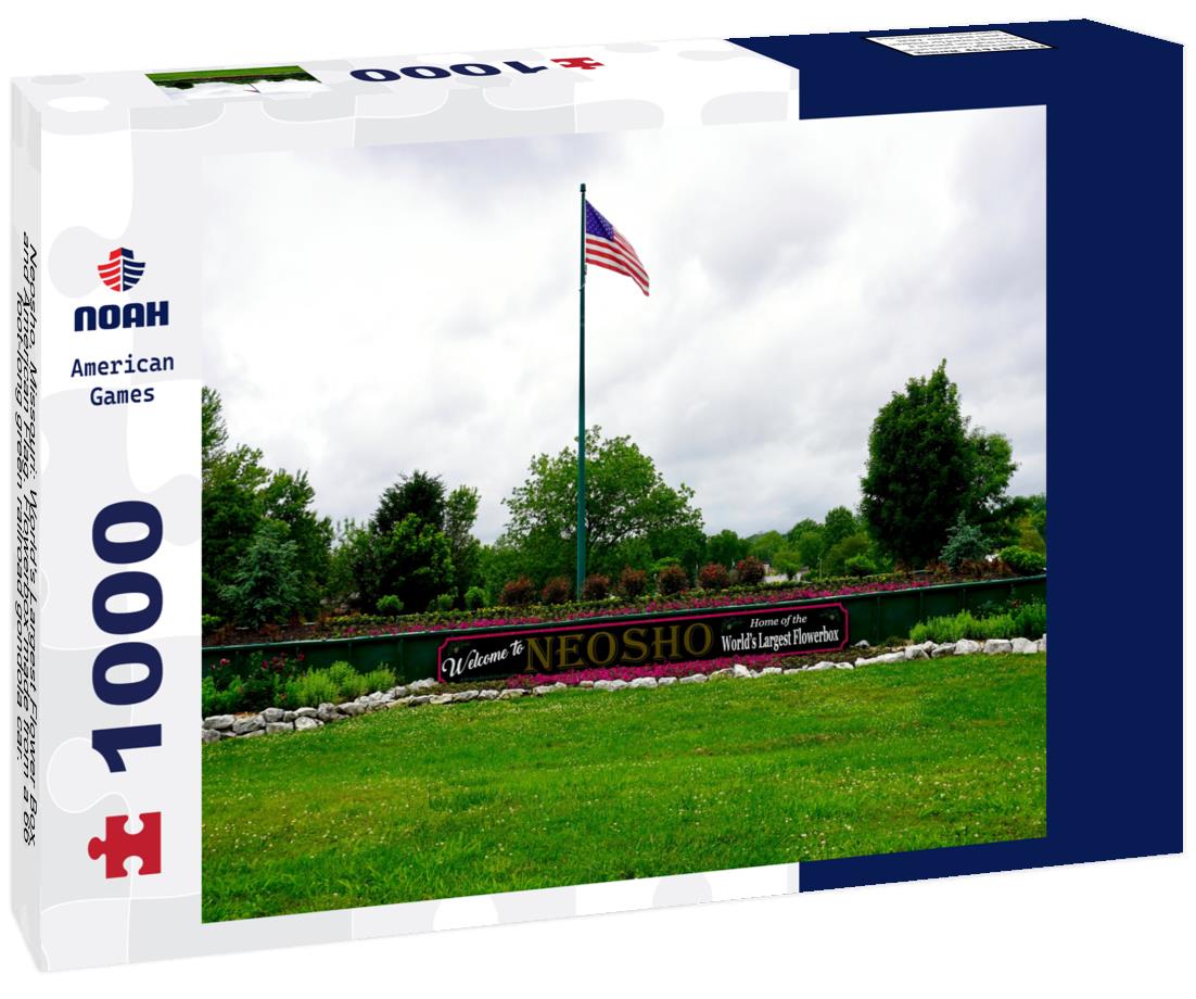 Noah Jigsaw Puzzle Neosho, Missouri: World's Largest Flower Box and American Flag. Flowerbox made from a 66-foot-long green railroad gondola car. The city is known as "The Flower Box City." 1000 pieces