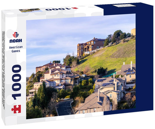 Noah Jigsaw Puzzle Residential neighborhood with multilevel single family homes, built on a hilly area; water tank visible on top of the hill; Hayward, East San Francisco Bay Area, California 1000 pieces