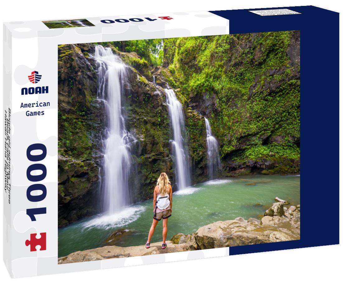 Noah Jigsaw Puzzle Blonde girl admires Three Bears Falls in Maui, Hawaii Hana Highway - Upper Waikani Falls 1000 pieces