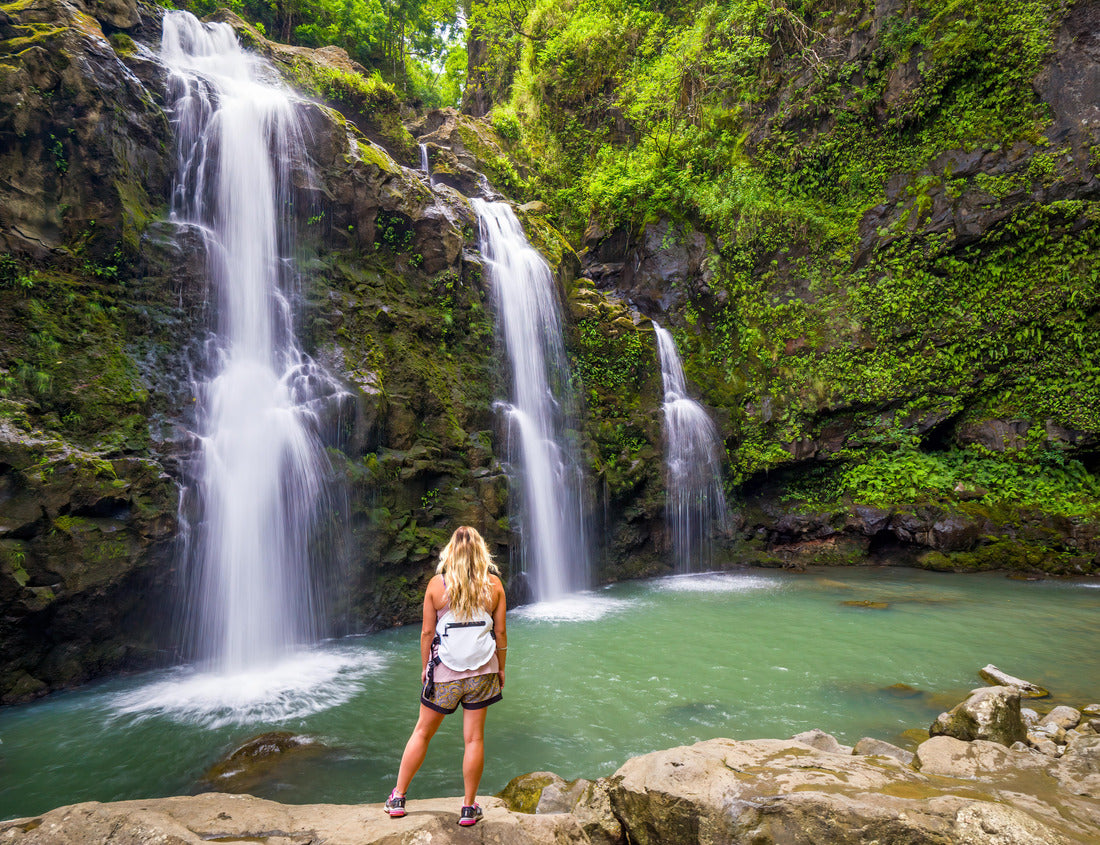 Noah Jigsaw Puzzle Blonde girl admires Three Bears Falls in Maui, Hawaii Hana Highway - Upper Waikani Falls 1000 pieces