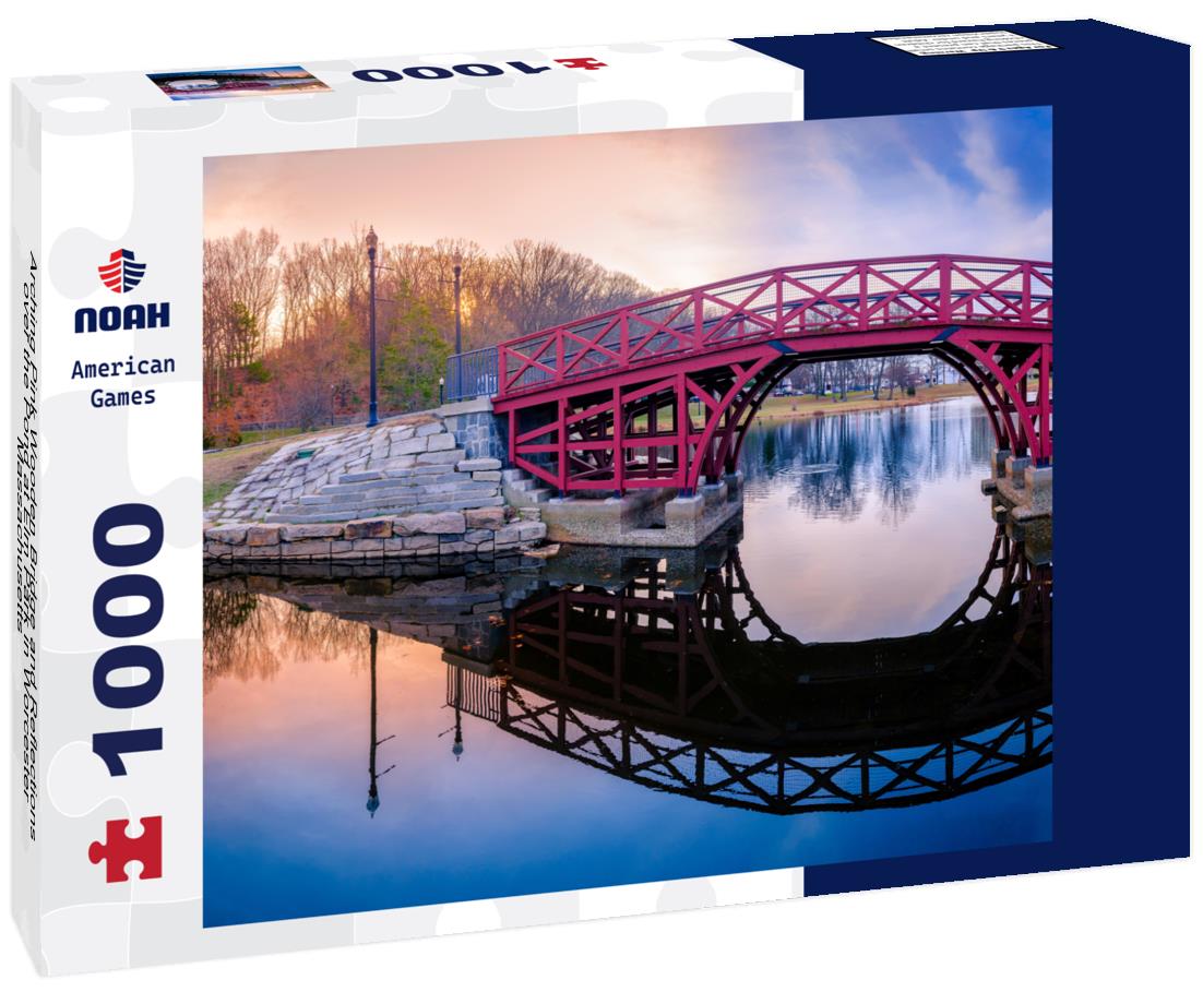 Noah Jigsaw Puzzle Arching Pink Wooden Bridge and Reflections over the Pond at Elm Park in Worcester, Massachusetts 1000 pieces