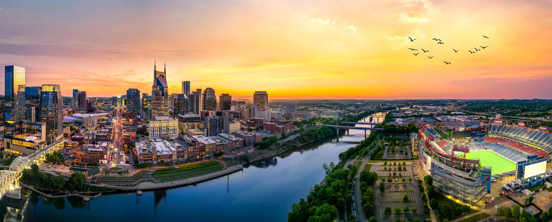 Nashville skyline with braodway and sunset 2000pc Panoramic Puzzle