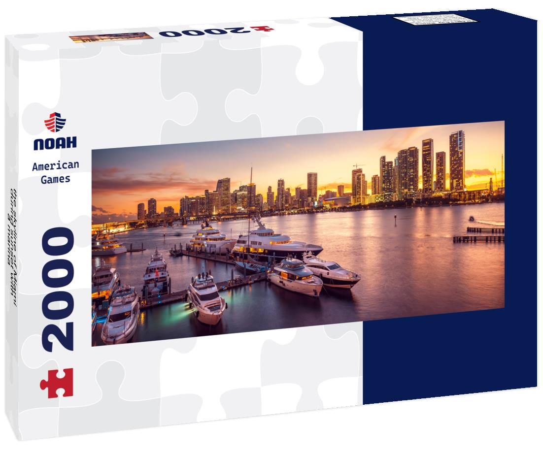 the skyline of Miami during sunset with a marina 2000pc Panoramic Puzzle