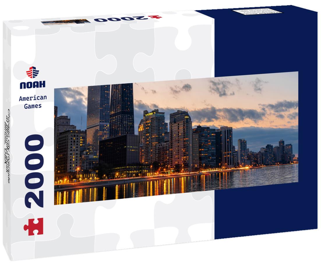 Chicago city riverside at beautiful dusk, Illinois, USA 2000pc Panoramic Puzzle