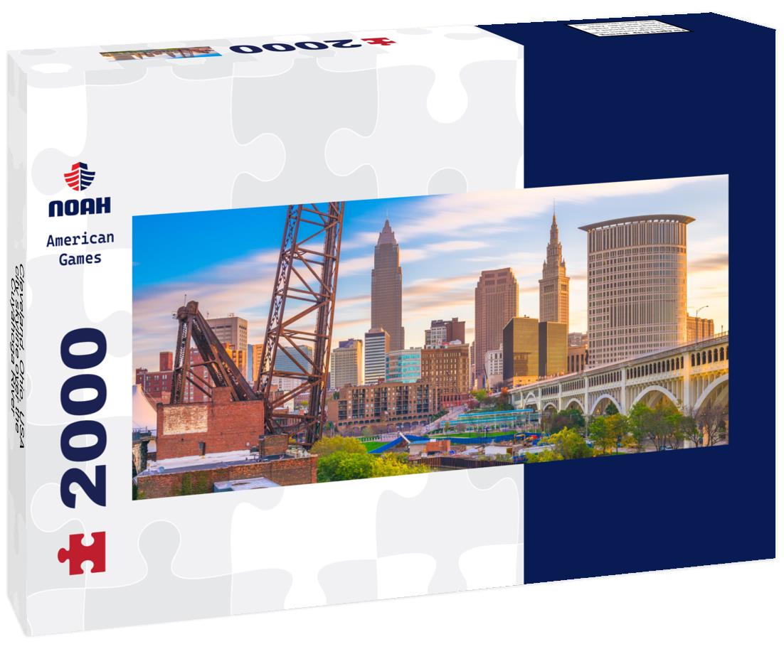 Cleveland, Ohio, USA city skyline over the Cuyahoga River 2000pc Panoramic Puzzle