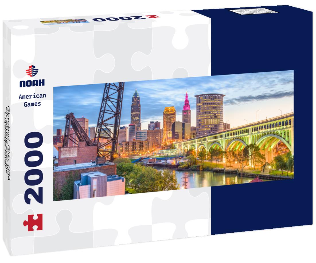 Cleveland, Ohio, USA city skyline over the Cuyahoga River 2000pc Panoramic Puzzle