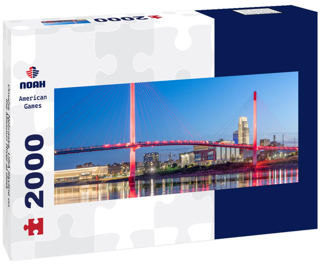 Omaha, Nebraska, USA Skyline on the Missouri River at dusk 2000pc Panoramic Puzzle