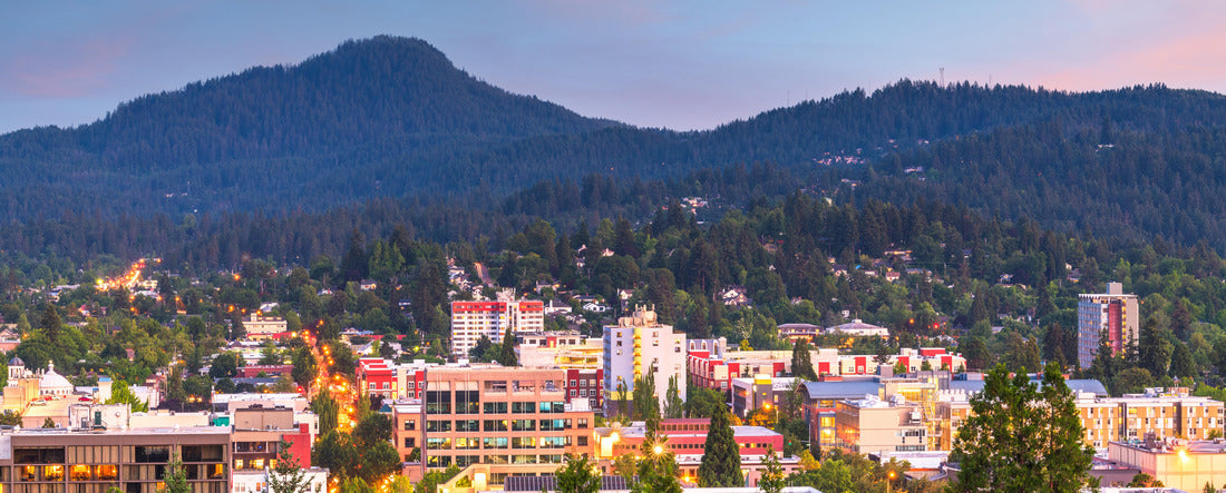 Eugene, Oregon, USA downtown cityscape and mountains at dusk 2000pc Panoramic Puzzle