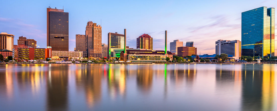 Toledo, Ohio, USA downtown skyline on the Maumee River at dusk 2000pc Panoramic Puzzle