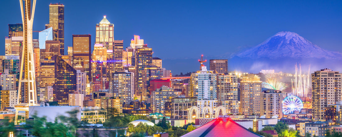 Seattle, Washington, USA downtown skyline at night with Mt. Rainier 2000pc Panoramic Puzzle
