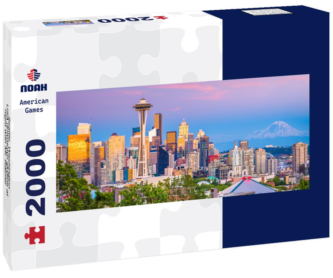 Seattle, Washington, USA downtown skyline at night with Mt. Rainier 2000pc Panoramic Puzzle