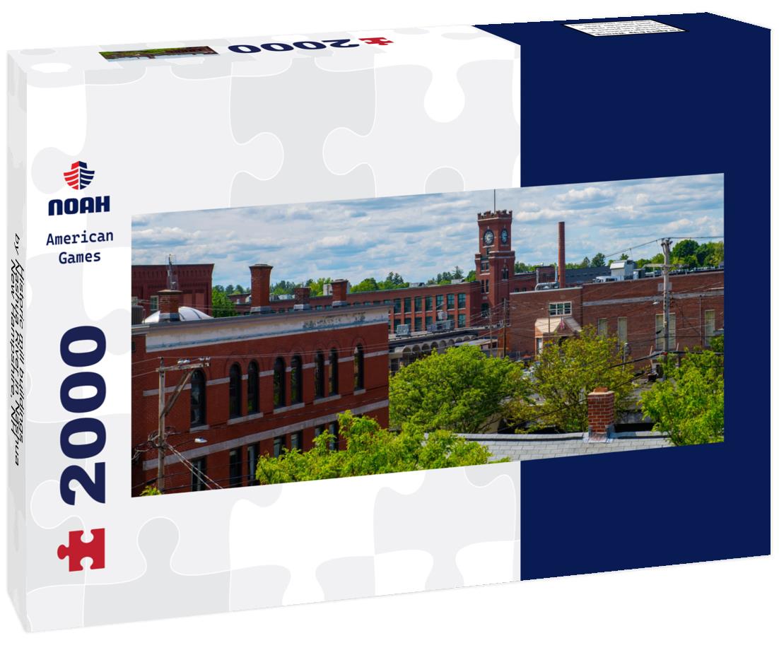 Historic mill buildings by Nashua River in Nashua, New Hampshire, NH 2000pc Panoramic Puzzle
