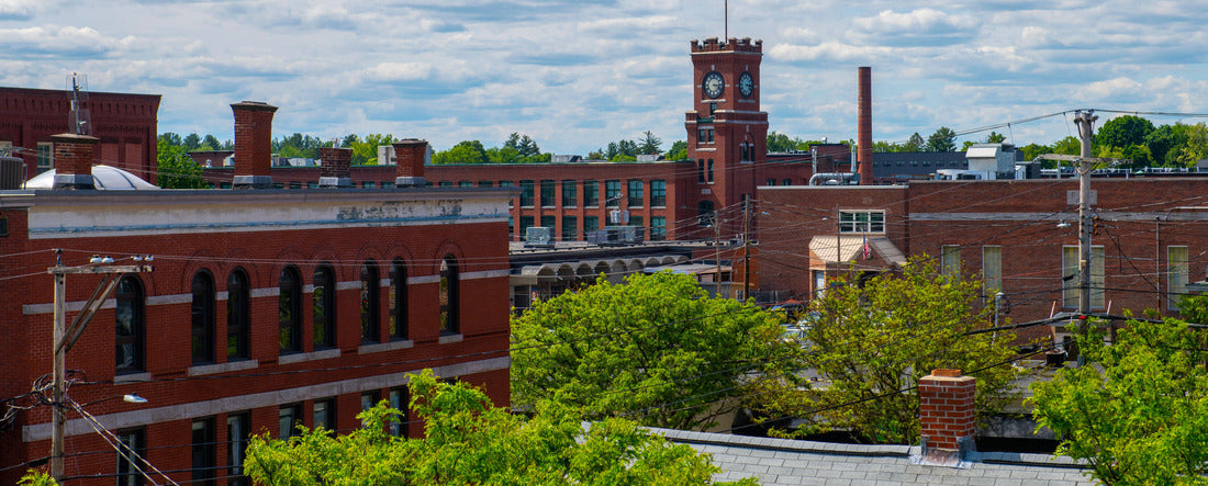 Historic mill buildings by Nashua River in Nashua, New Hampshire, NH 2000pc Panoramic Puzzle