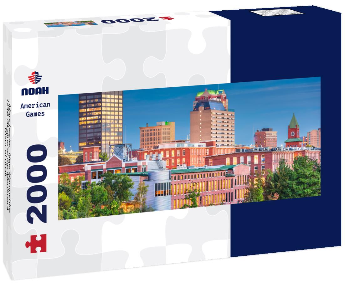 Manchester, New Hampshire, USA Skyline at the Merrimack River at dusk 2000pc Panoramic Puzzle