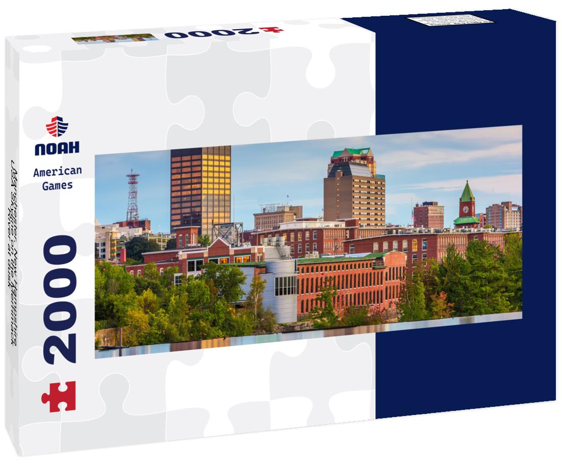 Manchester, New Hampshire, USA Skyline on the Merrimack River at dusk 2000pc Panoramic Puzzle