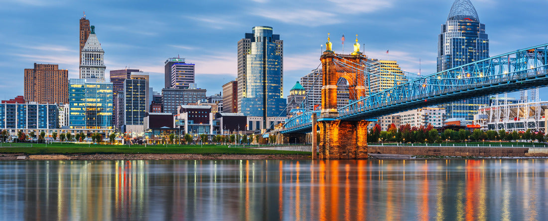Cincinnati, Ohio, USA downtown skyline and bridge on the river at dusk 2000pc Panoramic Puzzle