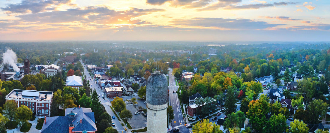 Aerial Sunrise over Ypsilanti Water Tower and Suburban Homes, Michigan 2000pc Panoramic Puzzle