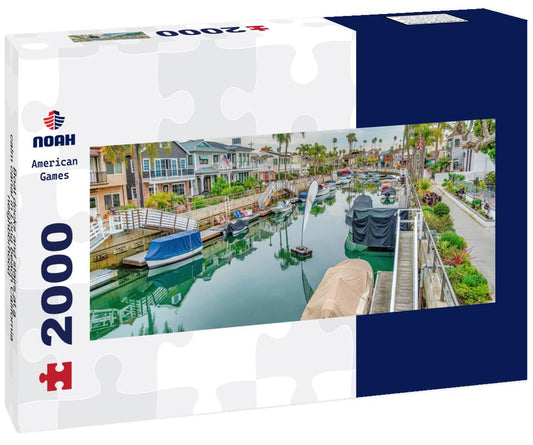 Noah Jigsaw Puzzle Boat docks and stairs at a calm canal in Long beach California neighborhood panorama 2000 pieces