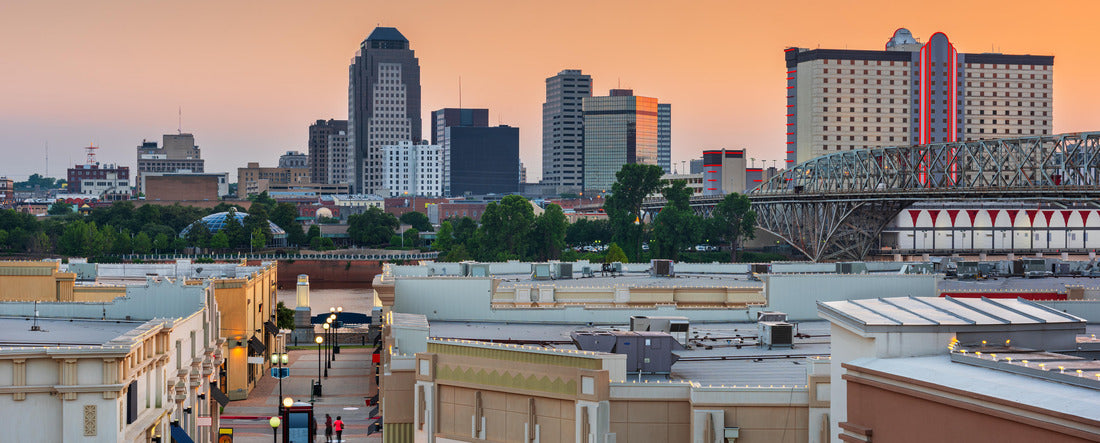 Shreveport, Louisiana, USA downtown city skyline and shopping areas at dusk 2000pc Panoramic Puzzle