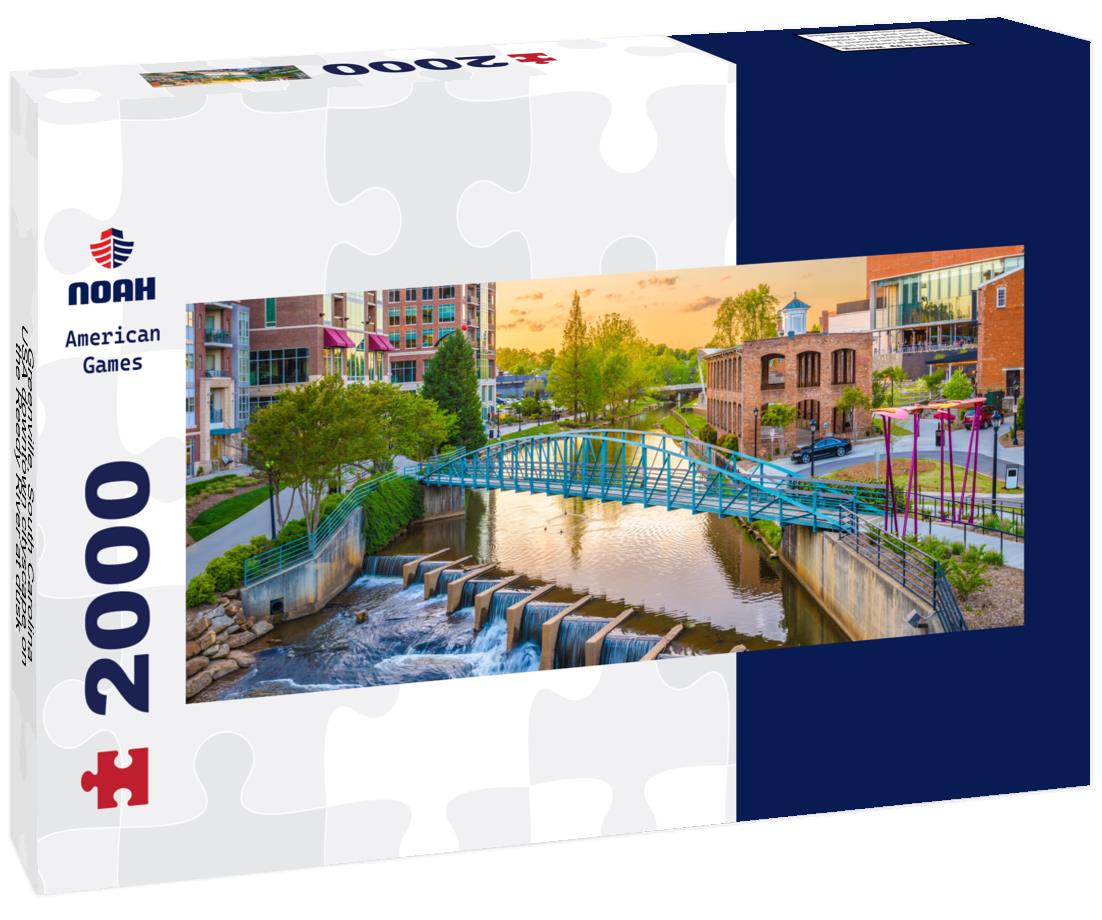 Greenville, South Carolina, USA downtown cityscape on the Reedy River at dusk 2000pc Panoramic Puzzle