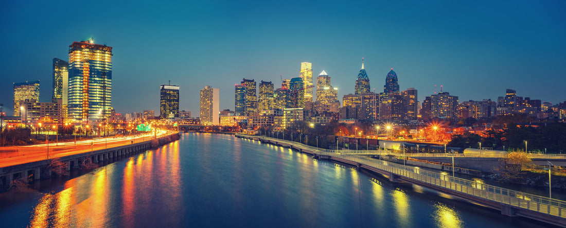 of Philadelphia skyline and Schuylkill River at night, PA, USA 2000pc Panoramic Puzzle