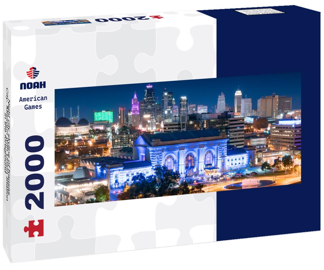 Night city skyline of Kansas City, Missouri with Union Station in the foreground 2000pc Panoramic Puzzle