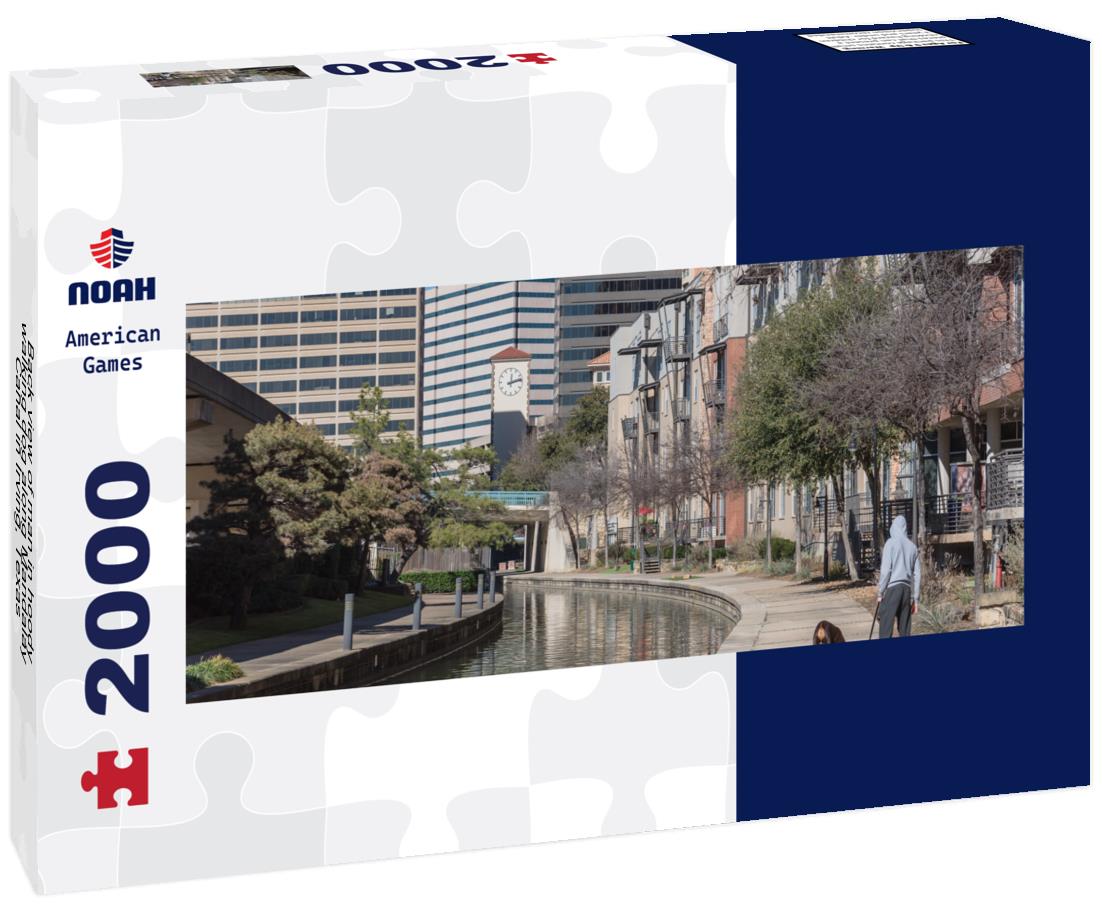 Back view of man in hoody walking dog along Mandalay Canal in Irving, Texas, USA 2000pc Panoramic Puzzle