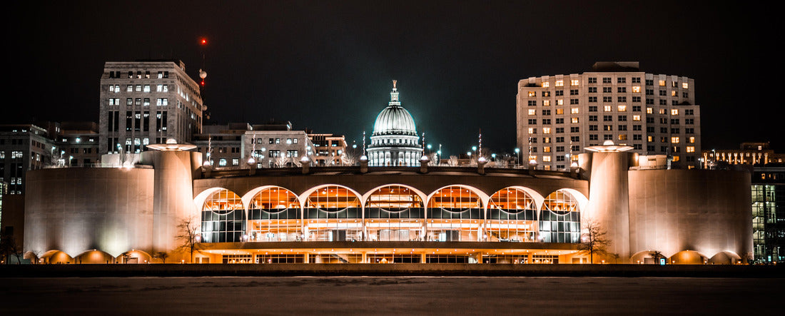 Nighttime Madison Wisconsin Capitol Building and Monona Terrace From Lake Monona 2000pc Panoramic Puzzle
