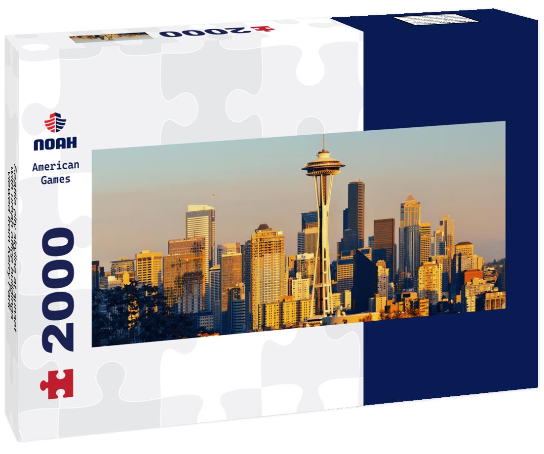 Seattle city skyline at sunset with urban office buildings viewed from Kerry Park 2000pc Panoramic Puzzle