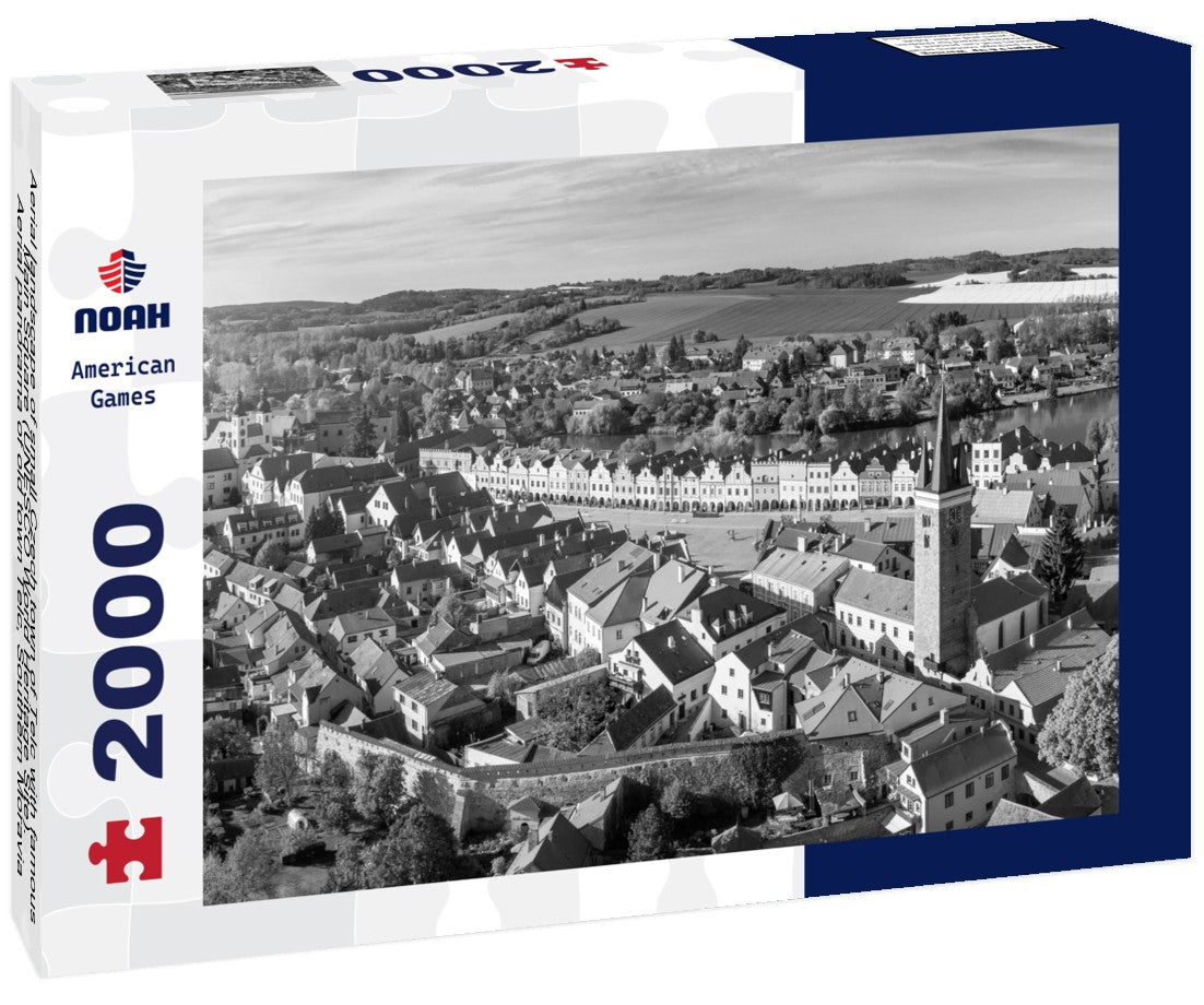 Aerial landscape of small Czech town of Telc with famous Main Square (UNESCO World Heritage Site). Aerial  old town Telc, Southern Moravia, Czechia. Historic center of Telc, Czech Republic 2000pc PuzzleBlack and White